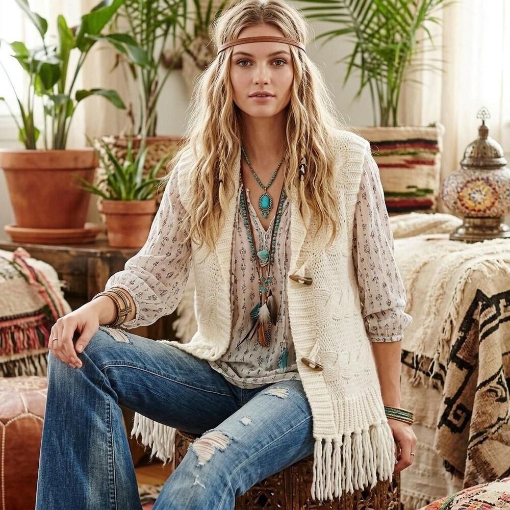 Ruby Rd Petite Cable Knit Fringe Sweater Vest Size PXL Boho hippie cottagecore